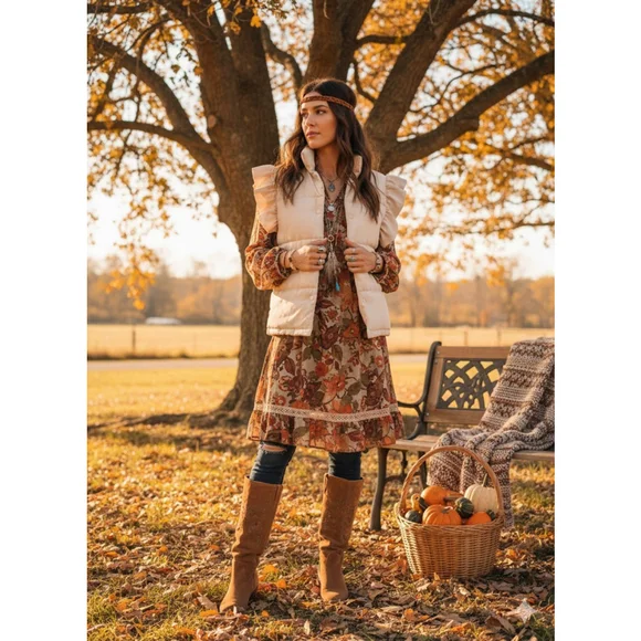 Mazik Cream Ruffle Puffer Vest Boho Fall Layering Medium - Picture 2 of 13